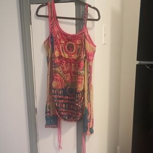 Save The Queen Red and Gold Sleeveless Scoop Neck Asymmetrical Ruched Tank Top